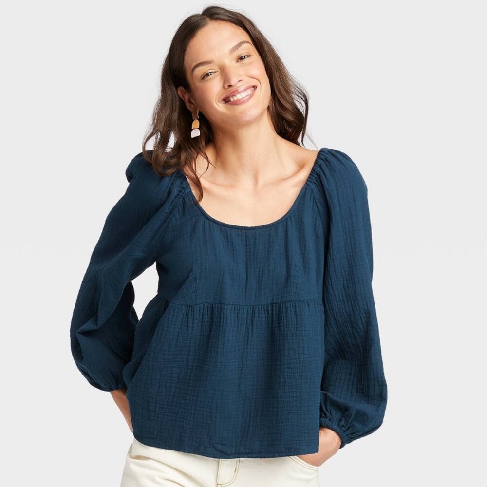 NWT Women's Universal Thread Long Sleeve Square Neck 100% Cotton Top Size XS